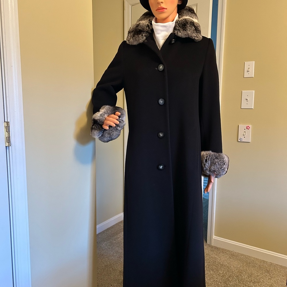 chinchilla fur trimmed wool coat